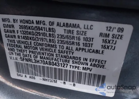 2010 Honda Odyssey Ex-L z USA, uszkodzony, nr VIN 5FNRL3H70AB043127